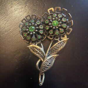 Antique Burnished Gold Tone Double Flower Brooch with Green Stones